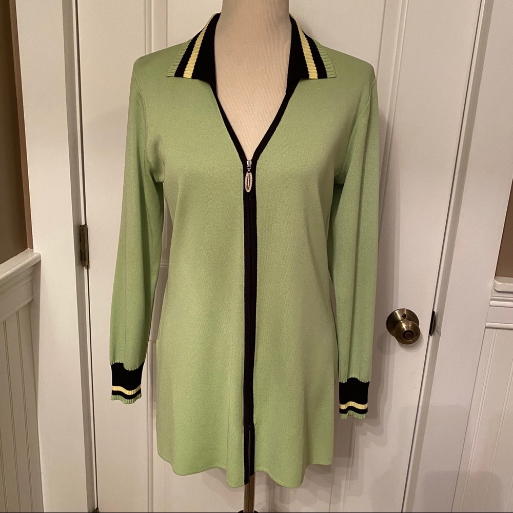 MISOOK SWEATER CARDIGAN JACKET GREEN BLACK ZIP FRONT LONG SLEEVE Size XS